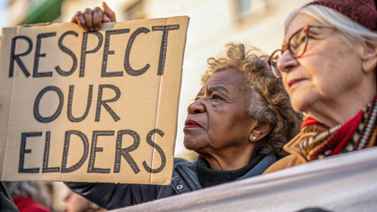 Activists hold a sign saying "Respect Our Elders" to show support for seniors. The atmosphere demonstrates solidarity, care and a call for respect for the older generation.