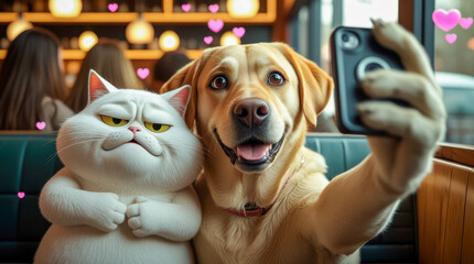 A cheerful golden labrador takes a selfie, smiling widely, and hugs a chubby white cat who looks extremely unhappy. They are located in a cozy cafe with a romantic atmosphere.