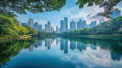 Fototapeta premium A peaceful lake reflecting the skyscrapers of a thriving business district.