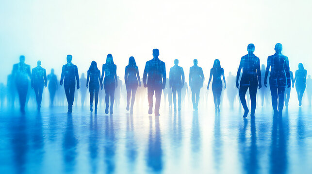 High-tech digital technology and business team concept with a group of people in silhouette standing together, in blue colors, on a white background, with space for text 