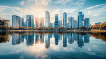 Naklejka premium A peaceful lake reflecting the skyscrapers of a thriving business district.