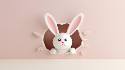 Obraz premium Easter bunny peeking out of a hole on cream color background