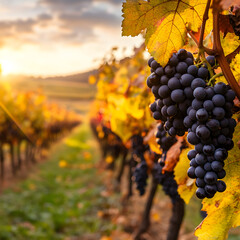 Fototapeta premium Golden Vineyard Glimpse: A vivid landscape unfolds, with rows of grapevines laden with ripe, dark grapes bask in the warm glow of a setting sun, an emblem of harvest season's abundance.
