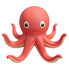 Red octopus. 3d rendering isolated on white background. Cartoon plastic style icon