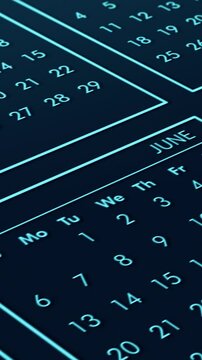 close up of a monthly calendar, concept for appointment or deadline, dark theme (3d render) vertical video