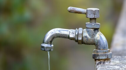 Close-up of a metallic faucet with water dripping, set against a blurred green background