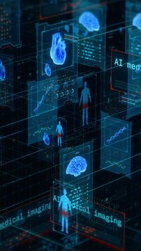 Futuristic fictional interface for ai driven healthcare, remote patient monitoring, online medical consultation and diagnosis, artificial intelligence medical imaging (3d render) vertical video