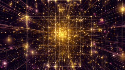 Fototapeta premium Golden glittering cube in dark space.