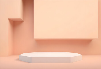 Minimalist Empty Round podium, platform, display in studio background. Tone on tone. PInk, beige, peach color. Trendy pink room for cosmetic products demonstration. Copy space for your design .