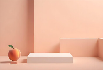 Minimalist Empty Round podium, platform, display in studio background. Tone on tone. PInk, beige, peach color. Trendy pink room for cosmetic products demonstration. Copy space for your design .