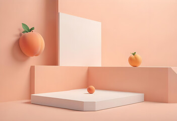 Minimalist Empty Round podium, platform, display in studio background. Tone on tone. PInk, beige, peach color. Trendy pink room for cosmetic products demonstration. Copy space for your design .