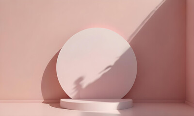 Minimalist Empty Round podium, platform, display in studio background. Tone on tone. PInk, beige, peach color. Trendy pink room for cosmetic products demonstration. Copy space for your design .