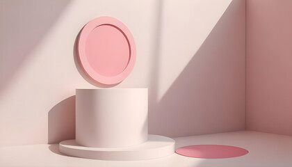 Minimalist Empty Round podium, platform, display in studio background. Tone on tone. PInk, beige, peach color. Trendy pink room for cosmetic products demonstration. Copy space for your design .