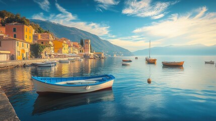Fototapeta premium A peaceful morning view of an Italian seaside town, with fishing boats floating on the water.