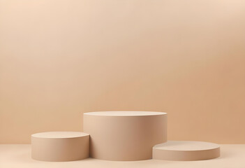 Minimalist Empty Round podium, platform, display in studio background. Tone on tone. PInk, beige, peach color. Trendy pink room for cosmetic products demonstration. Copy space for your design .
