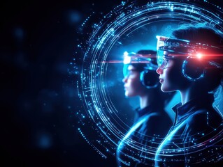 Obraz premium Two women wearing futuristic headsets are immersed in a digital environment, surrounded by glowing blue circles, symbolizing virtual reality and technology.