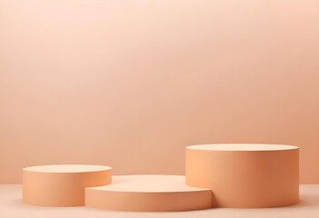 Minimalist Empty Round podium, platform, display in studio background. Tone on tone. PInk, beige, peach color. Trendy pink room for cosmetic products demonstration. Copy space for your design .