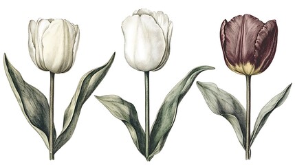 Elegant Vintage Illustration of Three Unique Tulip Flowers