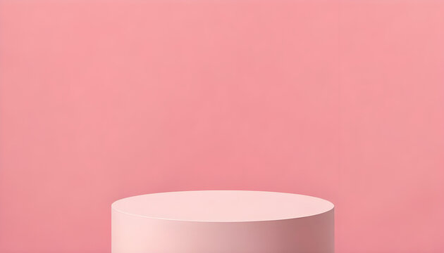 Minimalist Empty Round podium, platform, display in studio background. Tone on tone. PInk, beige, peach color. Trendy pink room for cosmetic products demonstration. Copy space for your design .