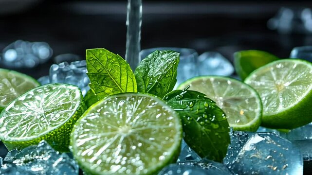 Fresh limes and mint on ice; water droplets falling; dark background