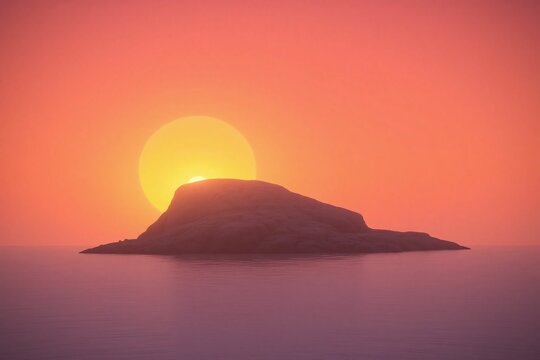 Sunset over ocean with rock formation reflection