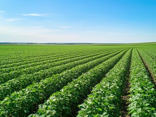 Vast, vibrant soybean field under clear blue sky