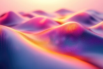 Abstract landscape of colorful, undulating waves formed by a grid of dots, illuminated by a warm light.