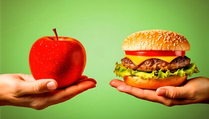Hand Holding Apple Other Holding Burger,Healthy Versus Unhealthy Food Choices Nutrition Diet, Fitness Eating Choice Generative AI