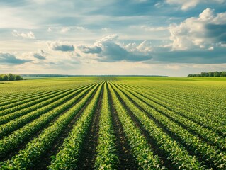 Soybean field rows stretch under dramatic sky