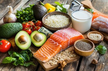 Healthy Food Selection on Wooden Tabletop with Background of Ingredients