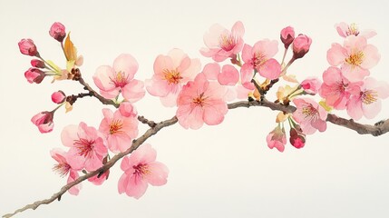 A delicate watercolor illustration of cherry blossoms on a branch, showcasing nature's beauty.