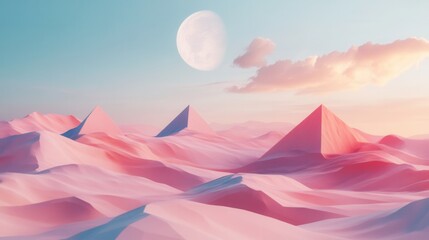 Serene Pink Desert Landscape with Pyramids and Full Moon