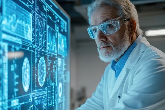 Senior scientist intently reviewing complex medical data displayed on a large screen, showcasing brain scans and graphs. - Powered by Adobe