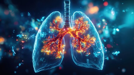 Visualizing the Breath: An artistic representation of the human lungs glows with intricate details, the bronchioles and alveoli rendered with radiant light against a mesmerizing background.