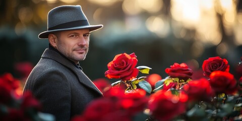 A man stands among vibrant red roses, exuding charm and elegance. The warm glow of sunset illuminates his face. This portrait captures romance and nature beautifully. AI