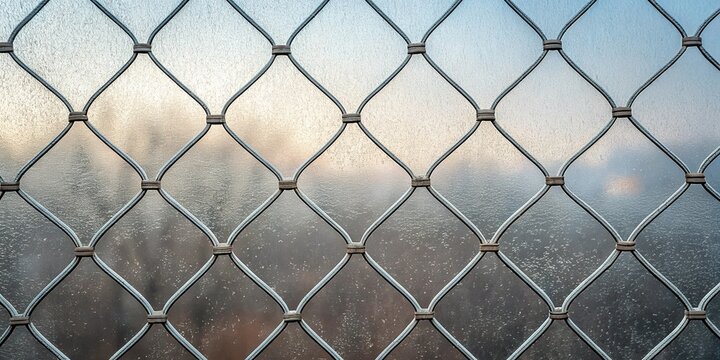 Closeup view of a diamond patterned metal security screen on a frosted glass window, showing a blurred outdoor landscape in the background at sunset