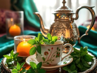 Fototapeta premium Mint Tea with Candles and Silver Teapot