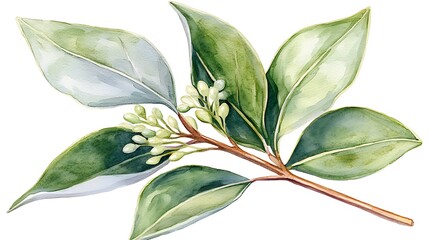 Obraz premium Watercolor Illustration of Green Leaves and Blossoms on White Background
