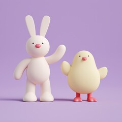 Easter bunny and hope concept. Cute cartoon bunny and chick characters on a purple background.