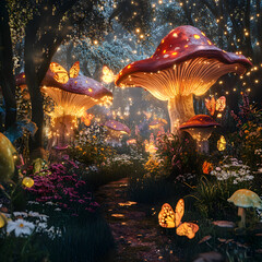 Enchanted Forest: A magical scene of the fairy realm unfolds, with luminescent mushrooms casting a warm glow in the heart of the forest, surrounded by delicate butterflies and soft fairy lights.