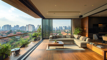 Interior design concept condominium penthouse living area with wooden balcony and stunning view of city garden beautiful sky