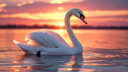 Fototapeta premium A serene and majestic swan, its snow-white feathers glistening with subtle shades of cream, stands poised on the tranquil surface of a lake at sunset, created by generative ai
