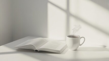 Relaxing Morning Scene with Open Book and Hot Beverage on Table