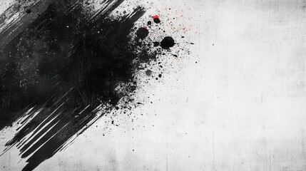 Abstract black ink splatter on white grunge background with red accents