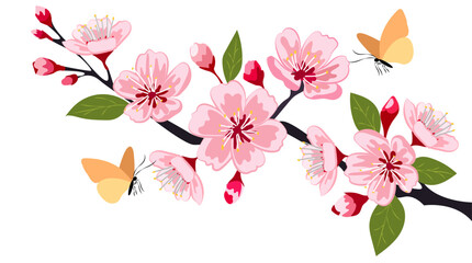 Elegant cherry blossom vector illustration featuring delicate pink flowers with butterflies on a serene branch © Lena_Fotostocker