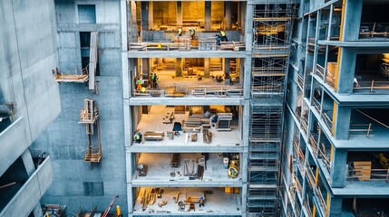 High-rise building under construction, workers visible on different floors.