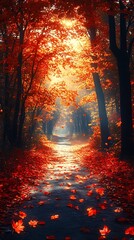 Fototapeta premium Glowing golden leaves in autumn forest high resolution picture