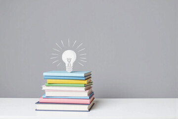 Stack of books on white shelf with lightbulb drawing
