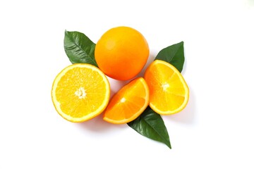 Fresh orange citrus with green leaves isolated on white background