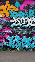 Obraz premium Colorful graffiti artwork on urban brick wall with vibrant blue, pink, orange, and white lettering. Street art background for creative design